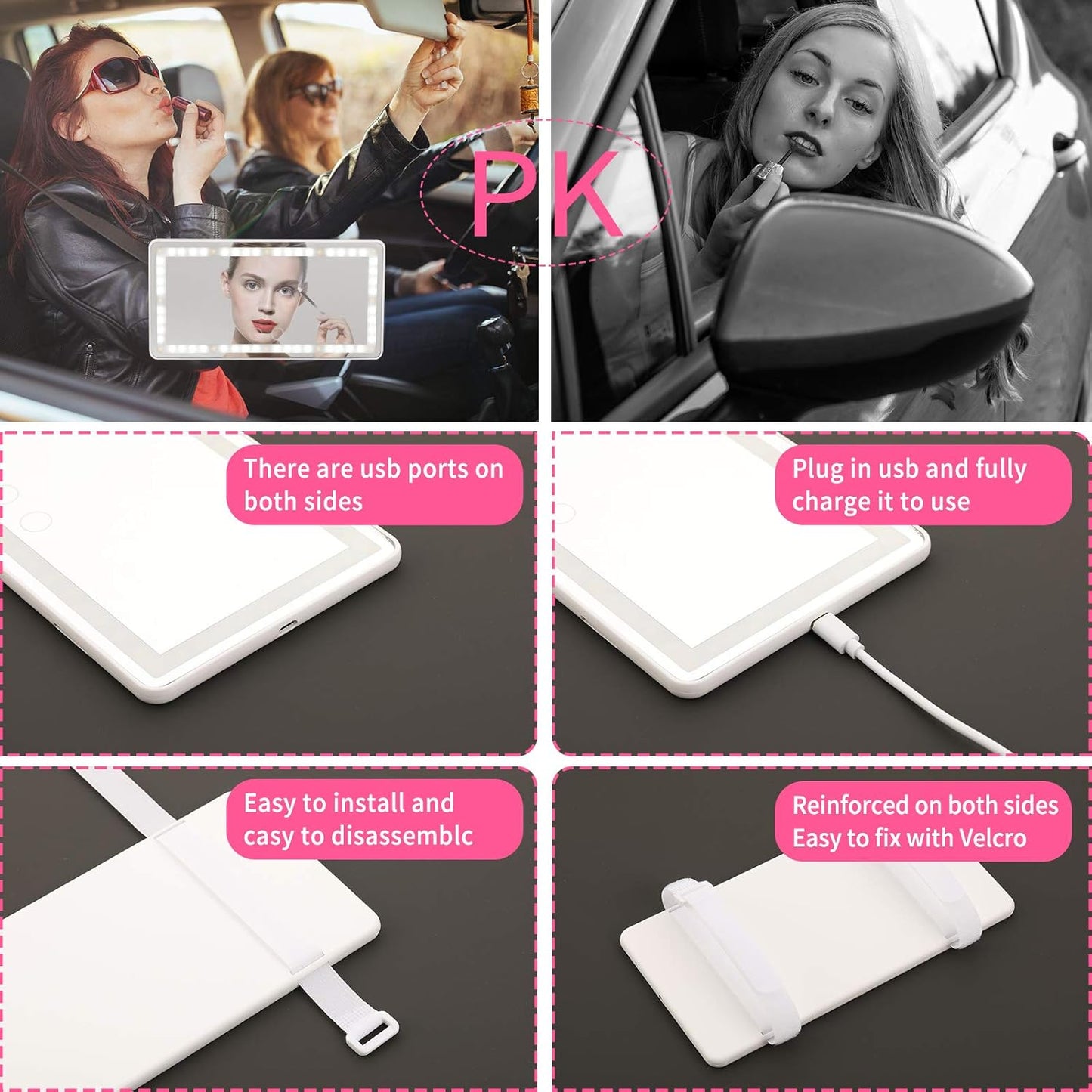 Car Vanity Mirror with 60 LED Lights, Rechargeable Sun Visor Mirror with 3 Light Modes & Touch Dimming โ Universal Fit Makeup Mirror for Car, SUV, Truck โ Accessories for Women & Girls (White)