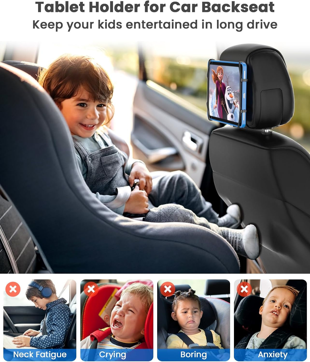 Universal Car Tablet Holder – Upgraded Headrest Mount for Kids | Anti-Slip Strap & Silicone Net Fits 7-12.9" Tablets