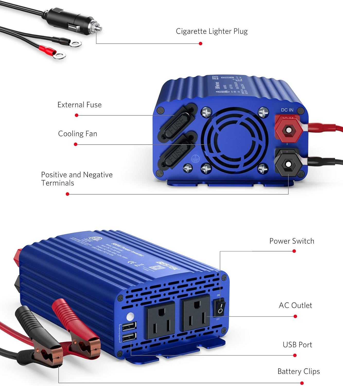 500W Power Inverter DC 12V to 110V AC Converter with Dual 4.8A USB Car Charger, ETL Listed – Blue