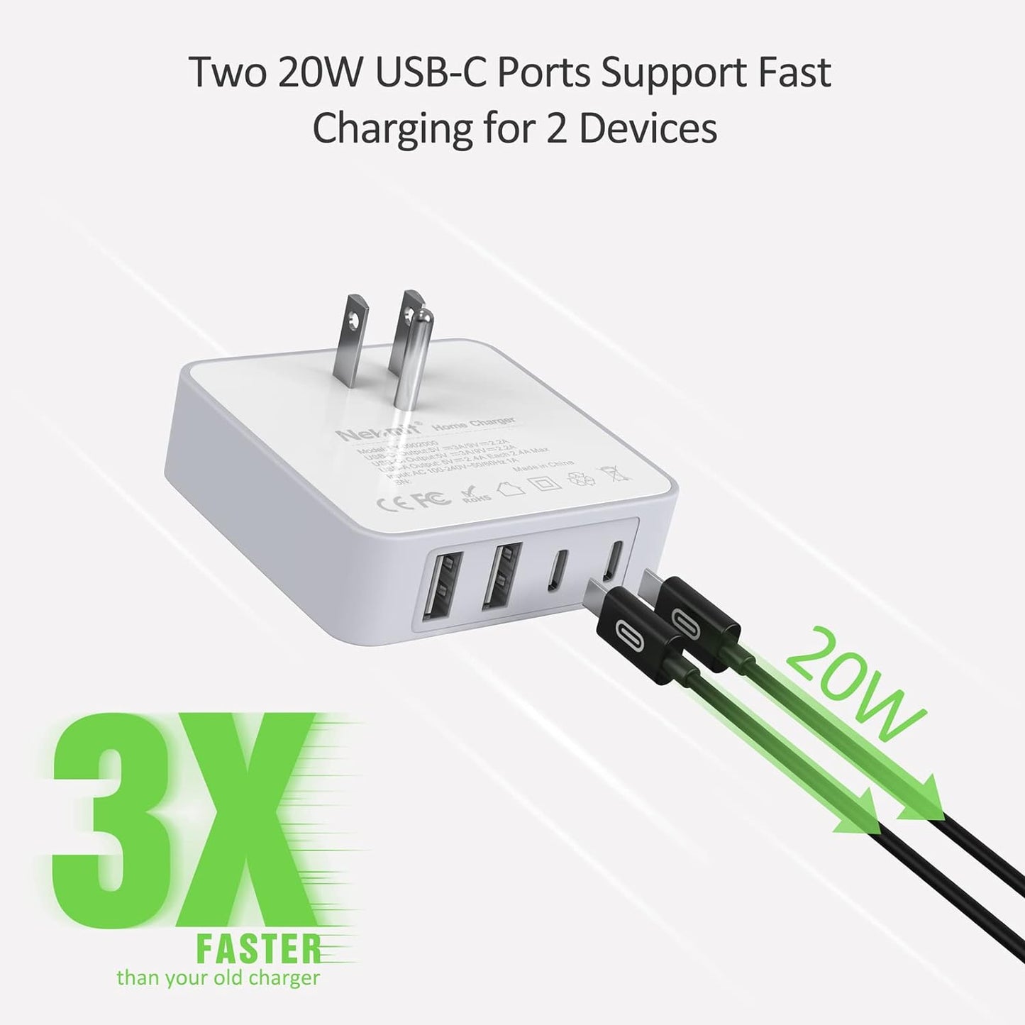 USB-C 52W Fast Wall Charger – Slim 4-Port Design with Two 20W Power Delivery & 2 USB-A Ports for iPhone 14 Series, Galaxy, Pixel, iPad Pro, AirPods & More