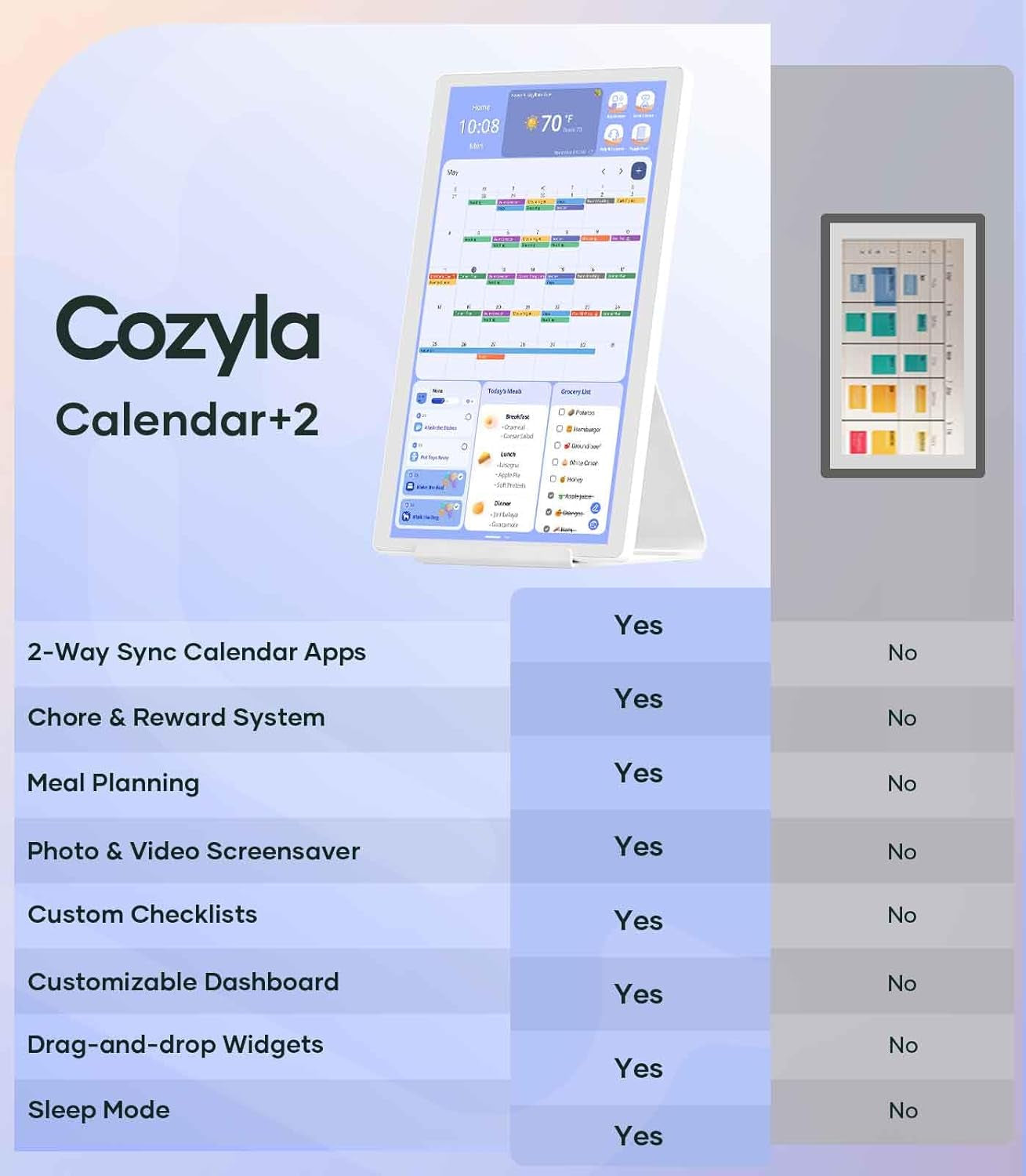 Cozyla 15.6" Android Tablet Wall Calendar – Touchscreen Digital Chore Chart, To-Do List & Meal Planner with Stand & Wall Mount, Supports All Google Play Apps (White)