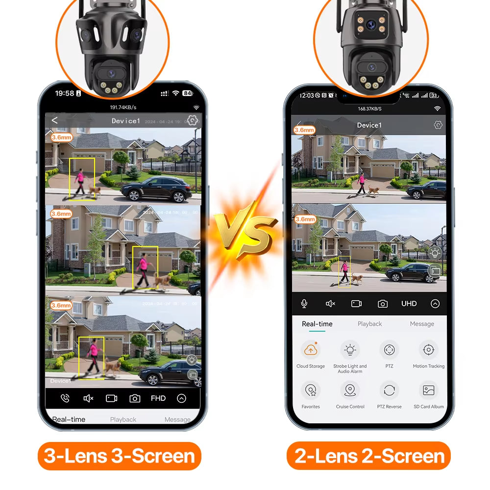 4K Outdoor WiFi Security Camera with Triple Screen, Dual Lens PTZ, AI Human Detection, IP66 Waterproof, Compatible with iCSee