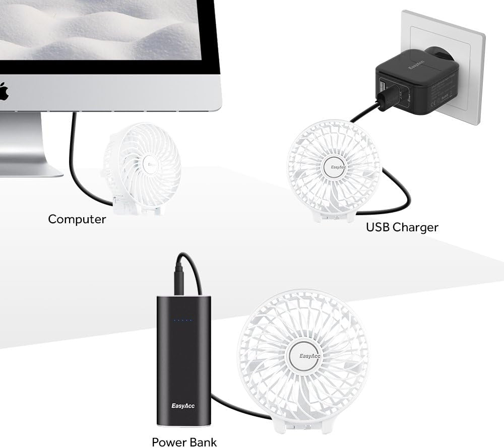 Handheld Fans with 2X Crossbody Straps & 2X DIY Stickers – Rechargeable Foldable Portable Hand & Desktop Fan – Up to 10H Runtime – White – Perfect for Home, Travel, and Phones