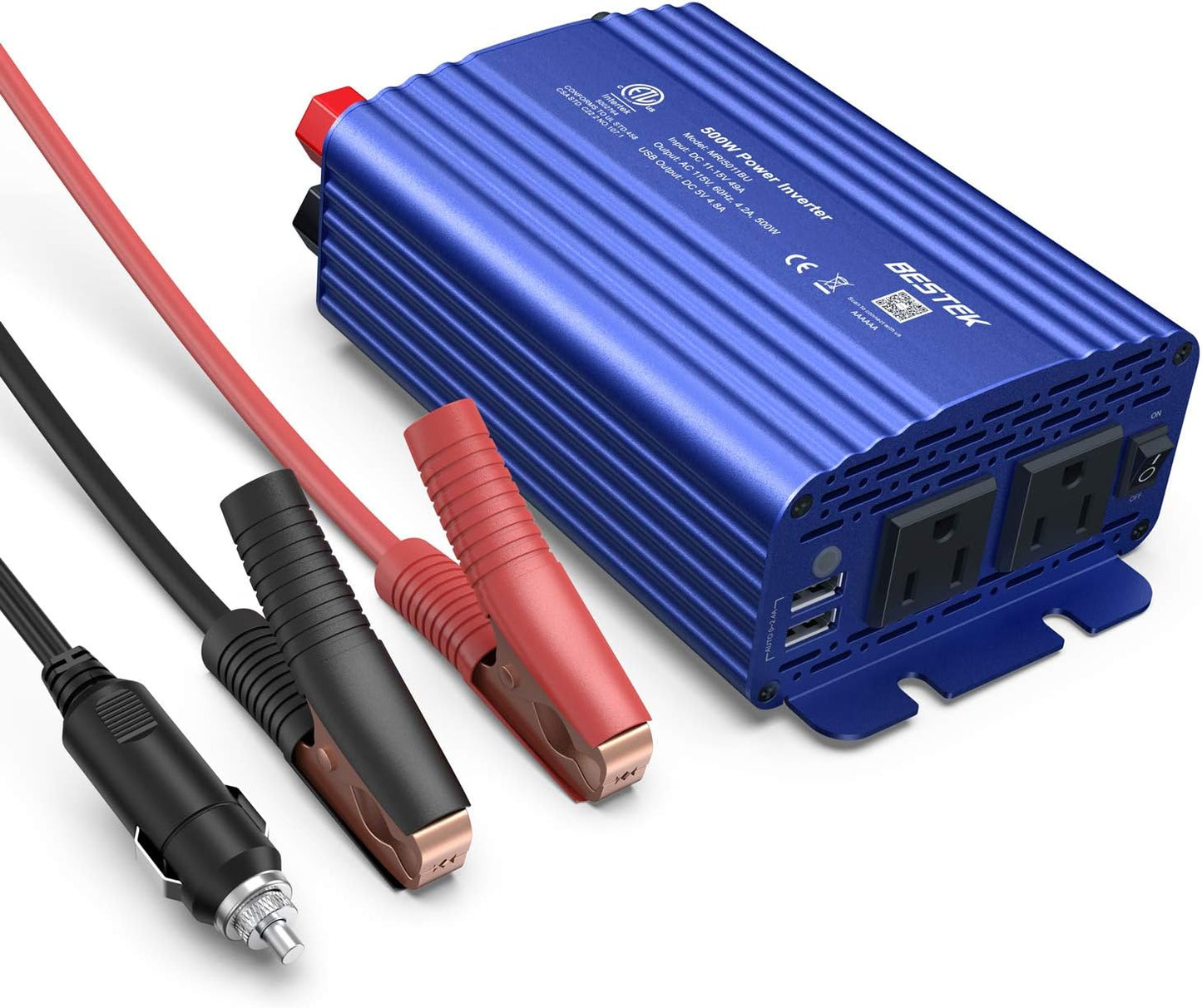 500W Power Inverter DC 12V to 110V AC Converter with Dual 4.8A USB Car Charger, ETL Listed – Blue