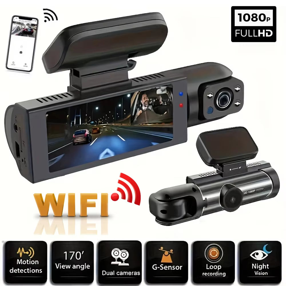 1080P Dual Lens WiFi Dash Cam – Front & Interior Cameras, IR Night Vision, Loop Recording, Wide-Angle Car DVR