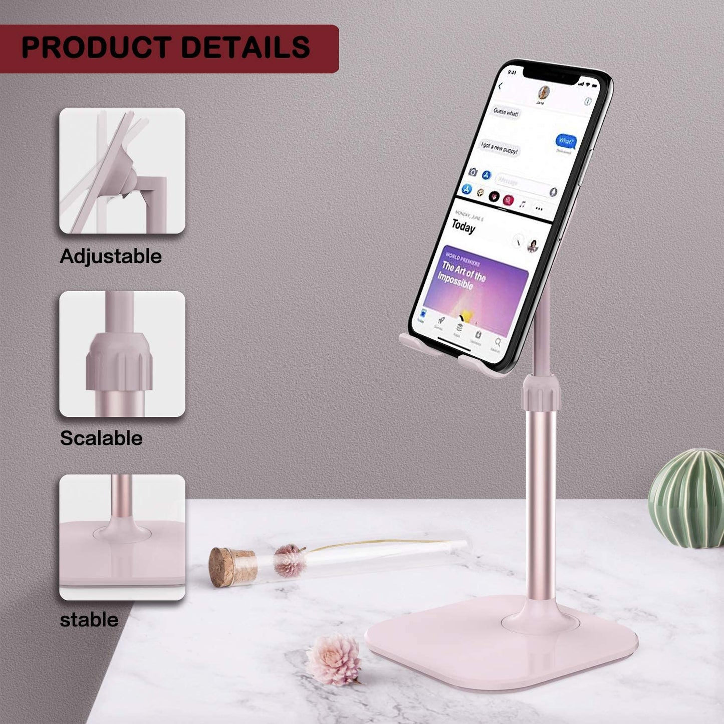 Cell Phone Stand for Desk – Compatible with iPhone, Android Phones & Tablets – Portable Phone Holder, Perfect Gift for Adults, Women, Men, Mom, Wife – Pink