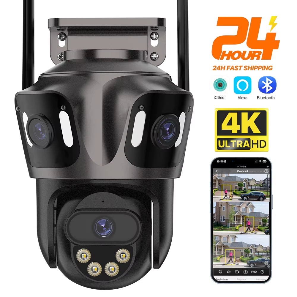 4K Outdoor WiFi Security Camera with Triple Screen, Dual Lens PTZ, AI Human Detection, IP66 Waterproof, Compatible with iCSee