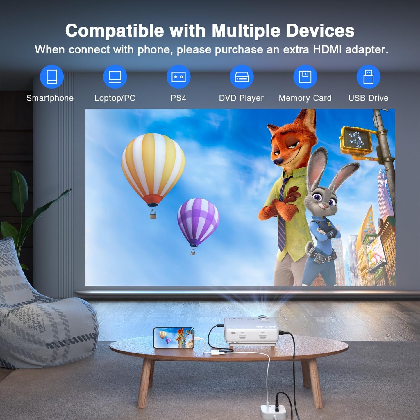 2025 Upgraded Mini Projector – Full HD 1080P Home Theater Video Projector, Compatible with HDMI, USB, AV, Smartphone, TV Box & Laptop