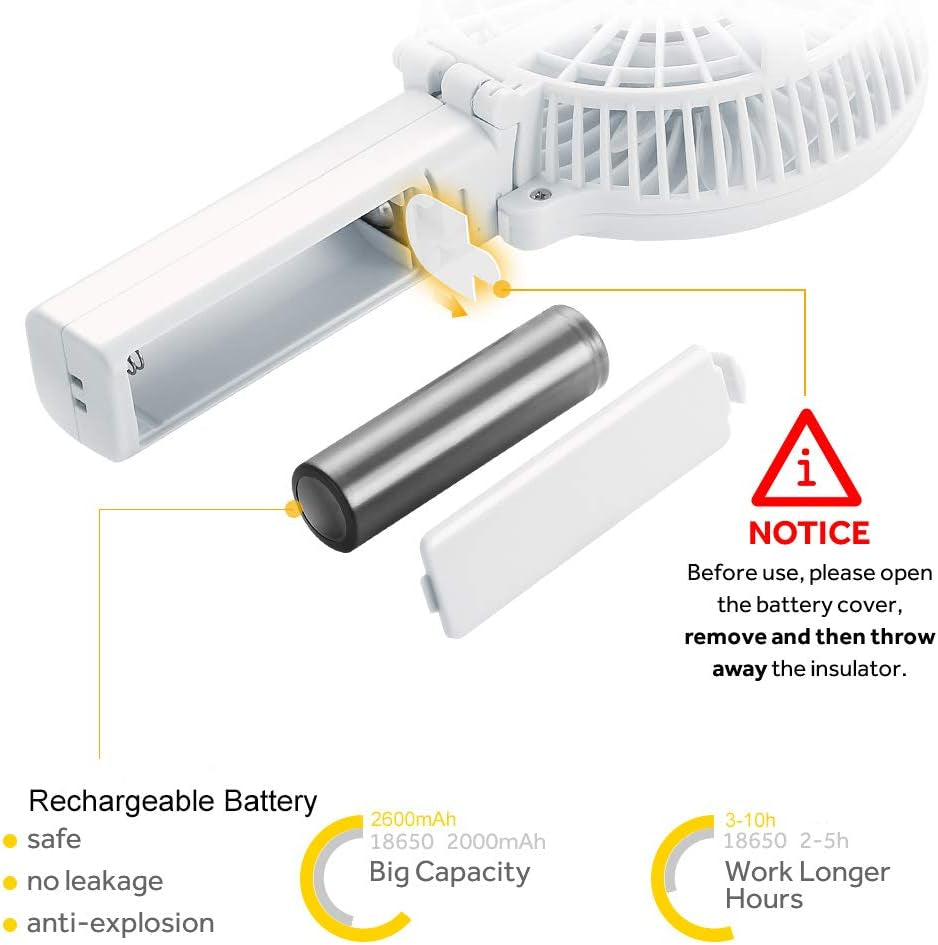 Handheld Fans with 2X Crossbody Straps & 2X DIY Stickers – Rechargeable Foldable Portable Hand & Desktop Fan – Up to 10H Runtime – White – Perfect for Home, Travel, and Phones