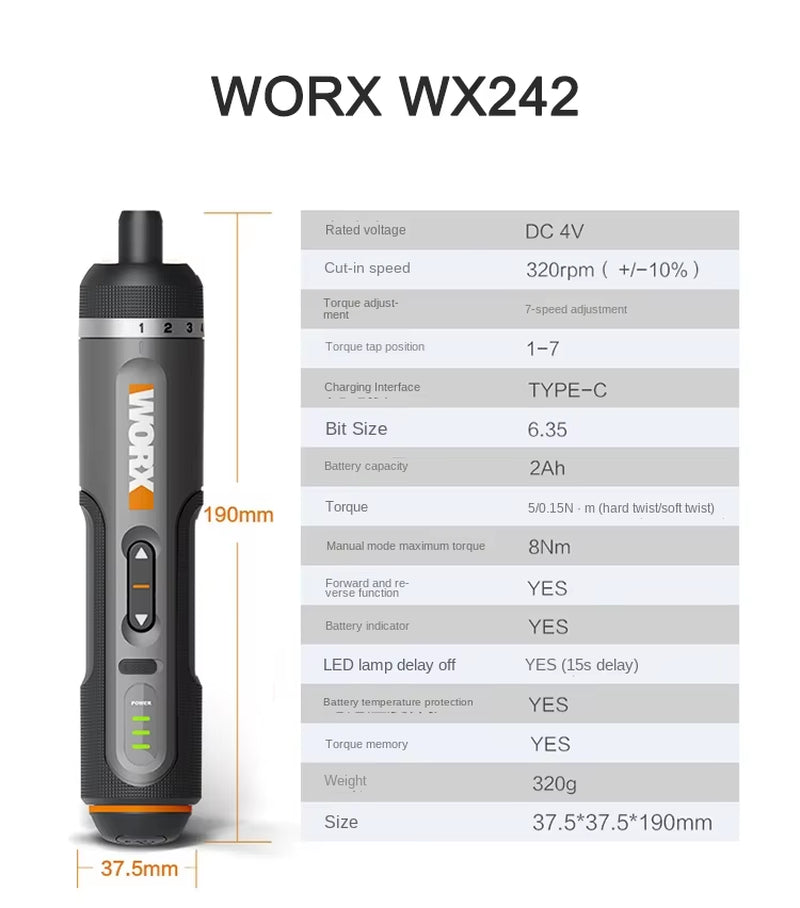 Worx 4V Mini Cordless Electric Screwdriver Set WX240 WX241 WX242 – USB Rechargeable Smart Hand Drill Tools