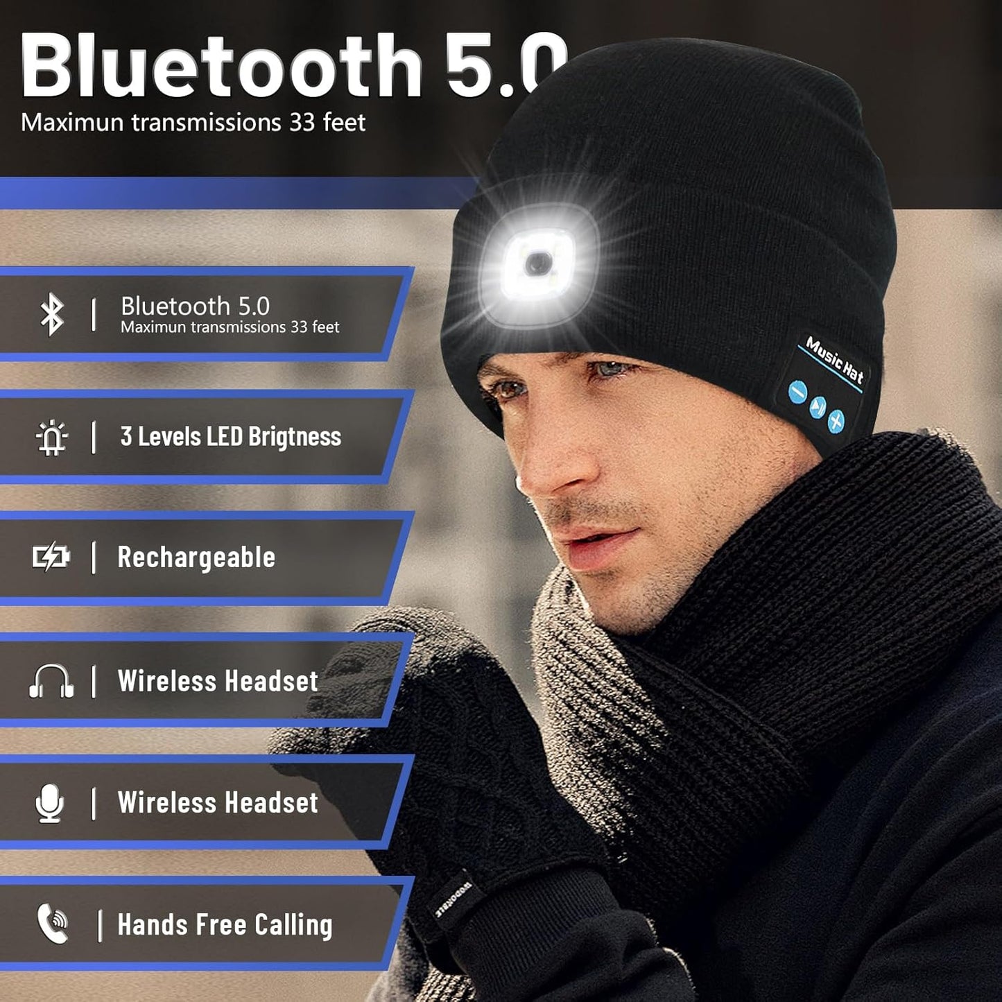 Bluetooth Beanie with Built-In Headphones and Mic – Wireless Musical Knit Hat with LED Light, Perfect Gift for Men, Women, and Dad
