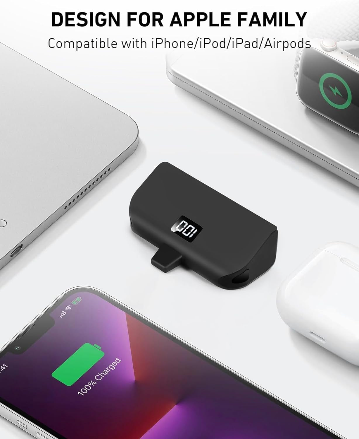 Mini Portable iPhone Charger with Built-in Lightning Cable – 4,800mAh Fast Charging Power Bank – Ultra-Compact Battery Pack for iPhone 14/13/12/11/XR/X/8/7/6 – Black