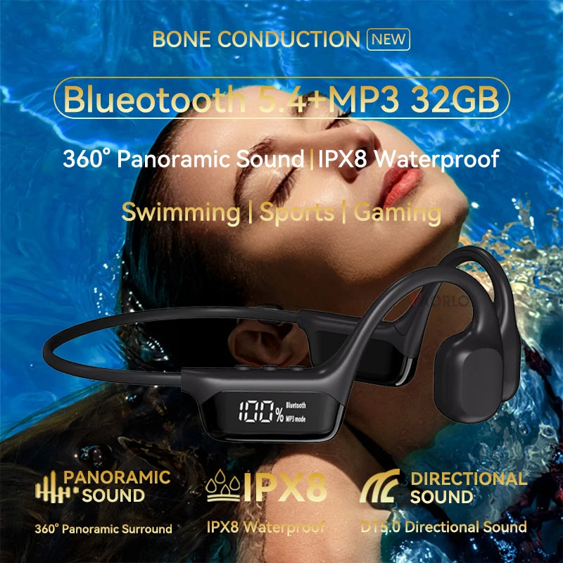 Bluetooth 5.4 Bone Conduction Headphones – Wireless IPX8 Waterproof Sports Earphones with 32GB MP3 Player, Perfect for Swimming & Outdoor Activities