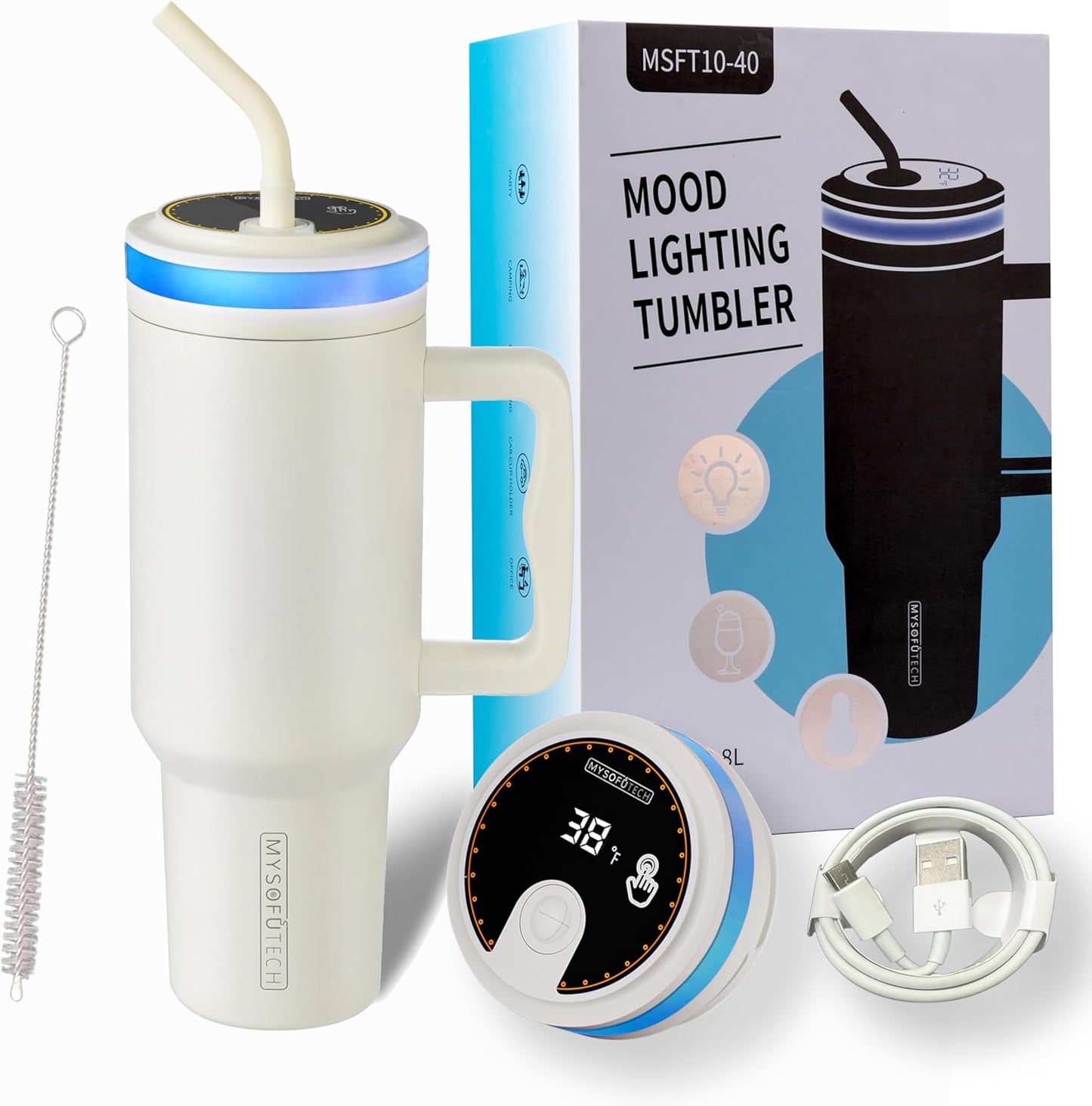 Smart Water Bottle with Hydration Reminder – Stainless Steel Tumbler with Handle, Straw, LED Mood Light & Temperature Display (Cream)