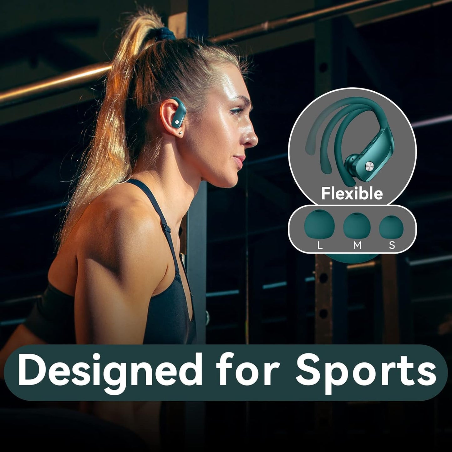 Wireless Sport Earbuds with LED Display – Bluetooth Headphones w/48H Playtime, Over-Ear Hooks, Built-In Mic, Waterproof Workout Headset – Green