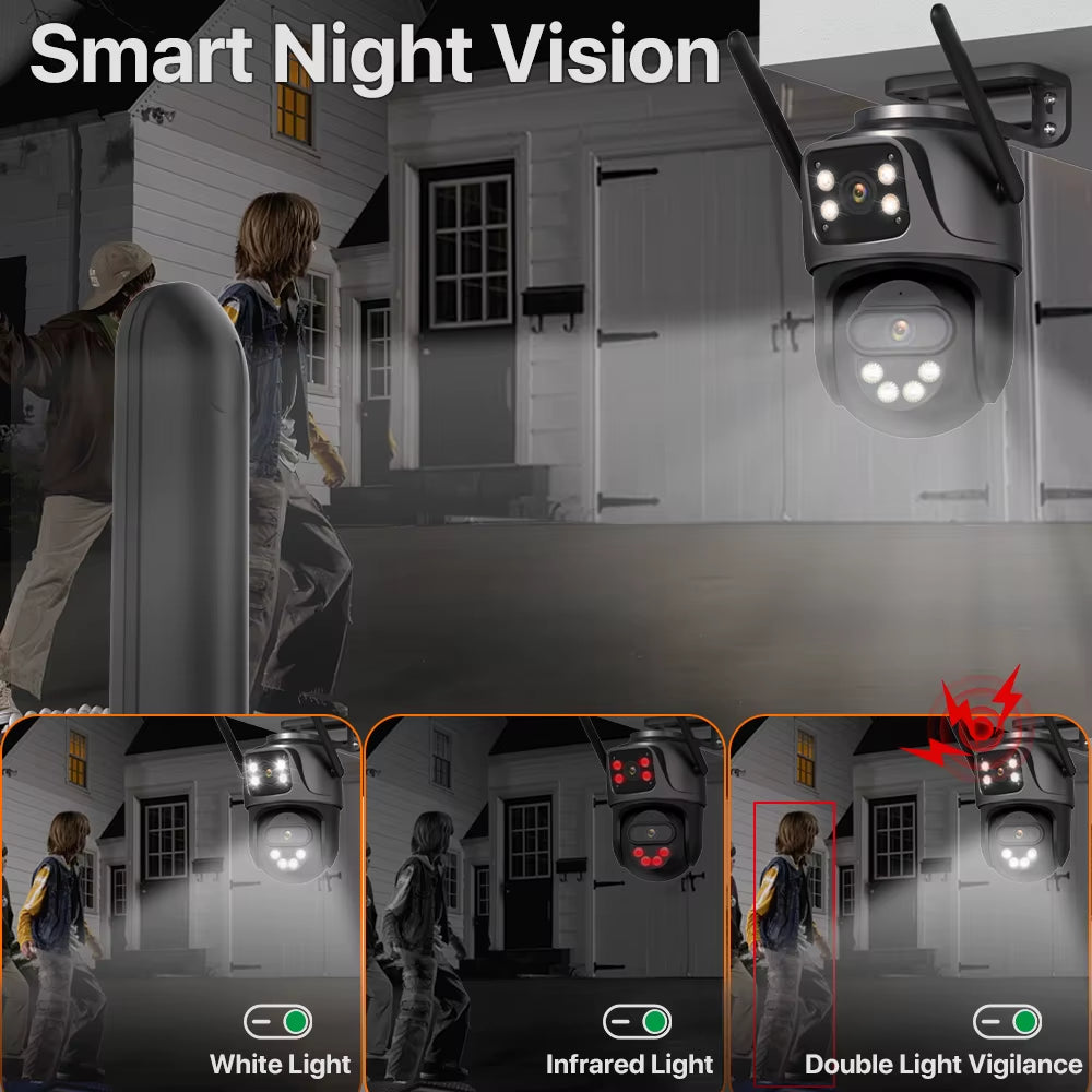 4K Outdoor WiFi Security Camera with Triple Screen, Dual Lens PTZ, AI Human Detection, IP66 Waterproof, Compatible with iCSee
