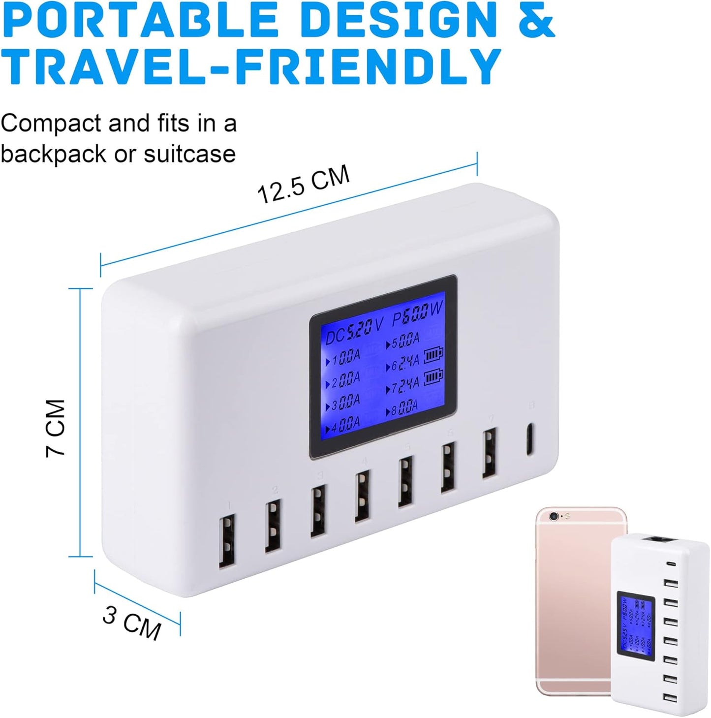 60W 12A 8-Port USB Charger Station with LCD Display – Compact Multi-Port USB Hub for iPhone, iPad, Samsung, Kindle, Tablets & Bluetooth Earbuds