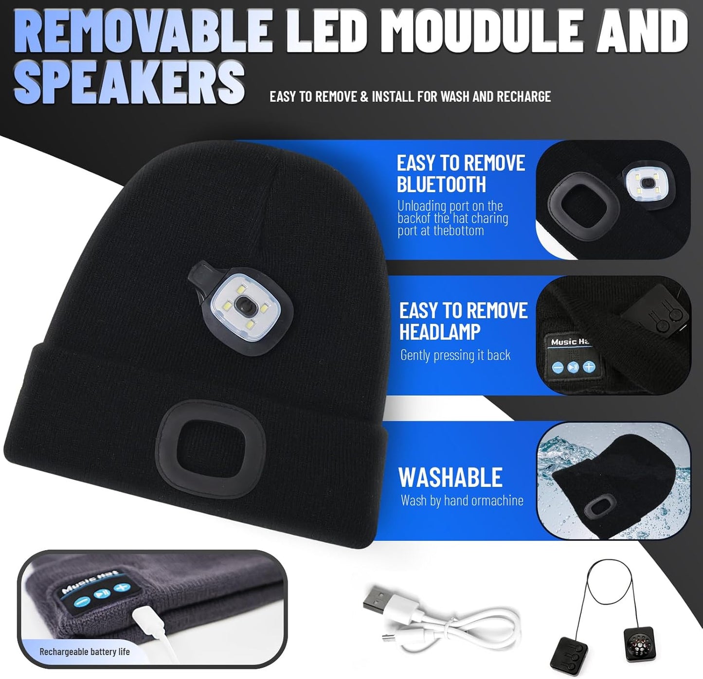 Bluetooth Beanie with Built-In Headphones and Mic – Wireless Musical Knit Hat with LED Light, Perfect Gift for Men, Women, and Dad