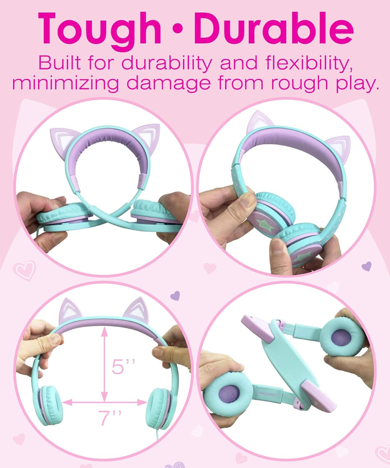 Kids Headphones with LED Cat Ears — Safe 85dB Volume Limit, Soft On-Ear Wired Headphones with Tangle-Free Cable for iPad, Tablet, School & Travel — Teal & Light Purple