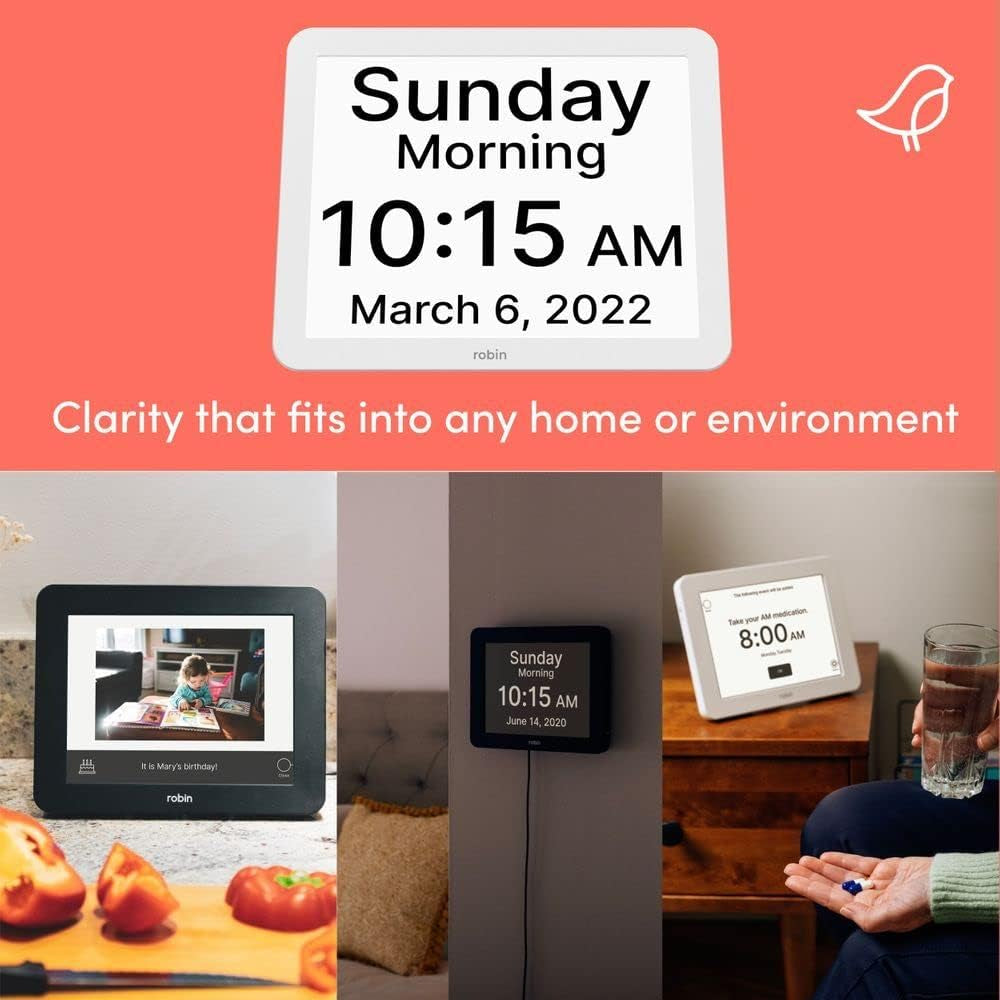 Robin Clarity Clock 2024 – Smart Digital Day & Time Display with Custom Reminders, Alarms & Calendar Alerts for Home, Office & Seniors (Black)