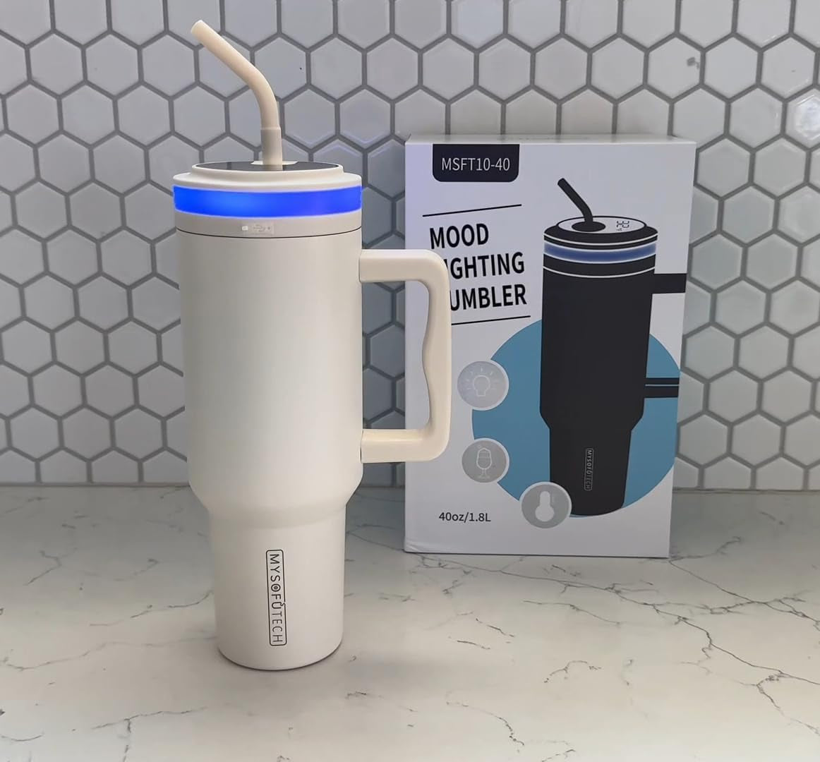 Smart Water Bottle with Hydration Reminder – Stainless Steel Tumbler with Handle, Straw, LED Mood Light & Temperature Display (Cream)