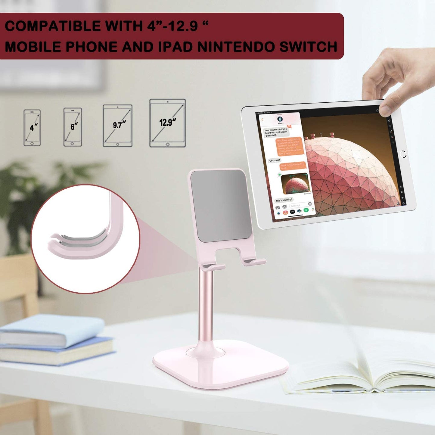 Cell Phone Stand for Desk – Compatible with iPhone, Android Phones & Tablets – Portable Phone Holder, Perfect Gift for Adults, Women, Men, Mom, Wife – Pink