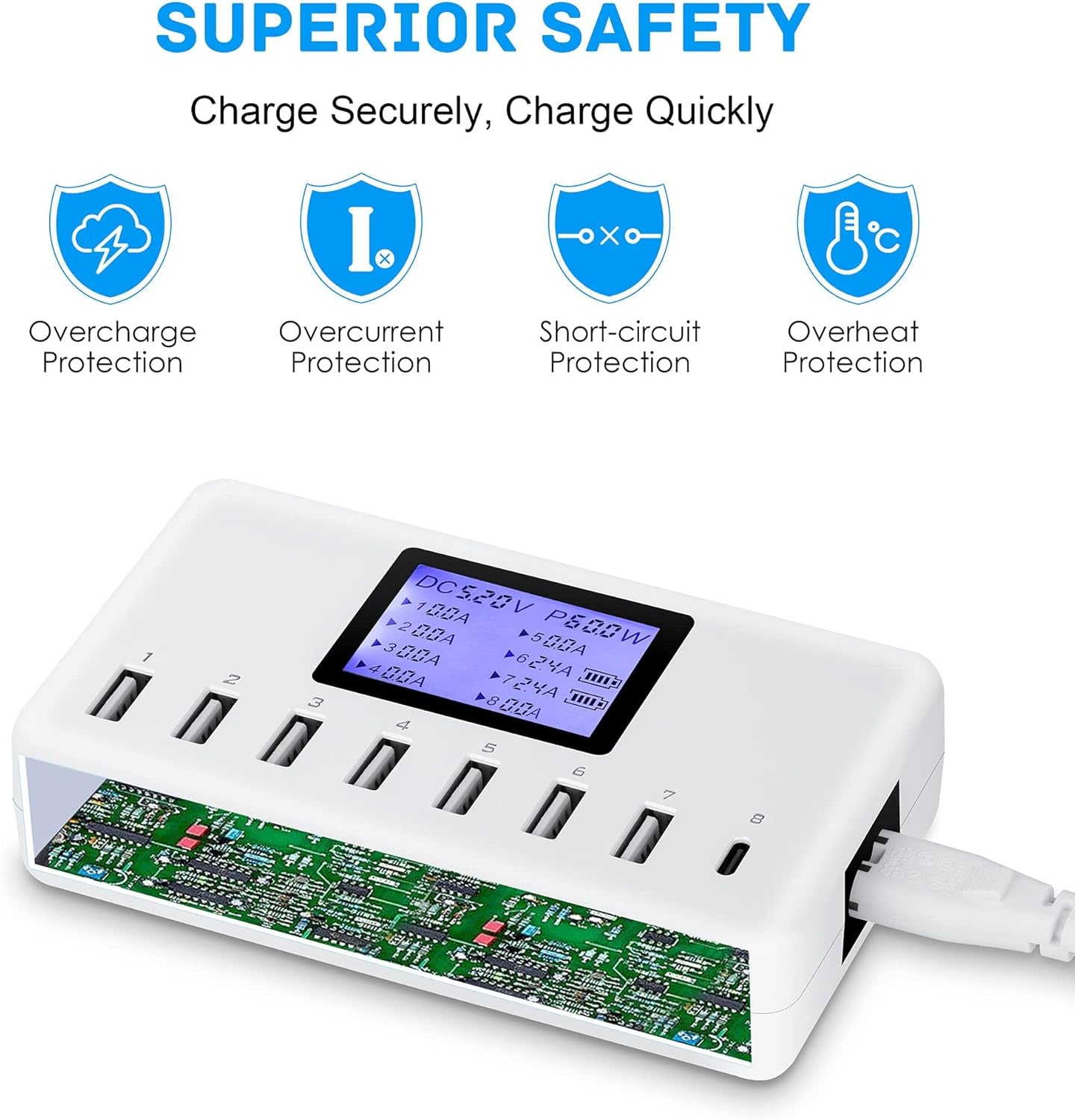 60W 12A 8-Port USB Charger Station with LCD Display – Compact Multi-Port USB Hub for iPhone, iPad, Samsung, Kindle, Tablets & Bluetooth Earbuds