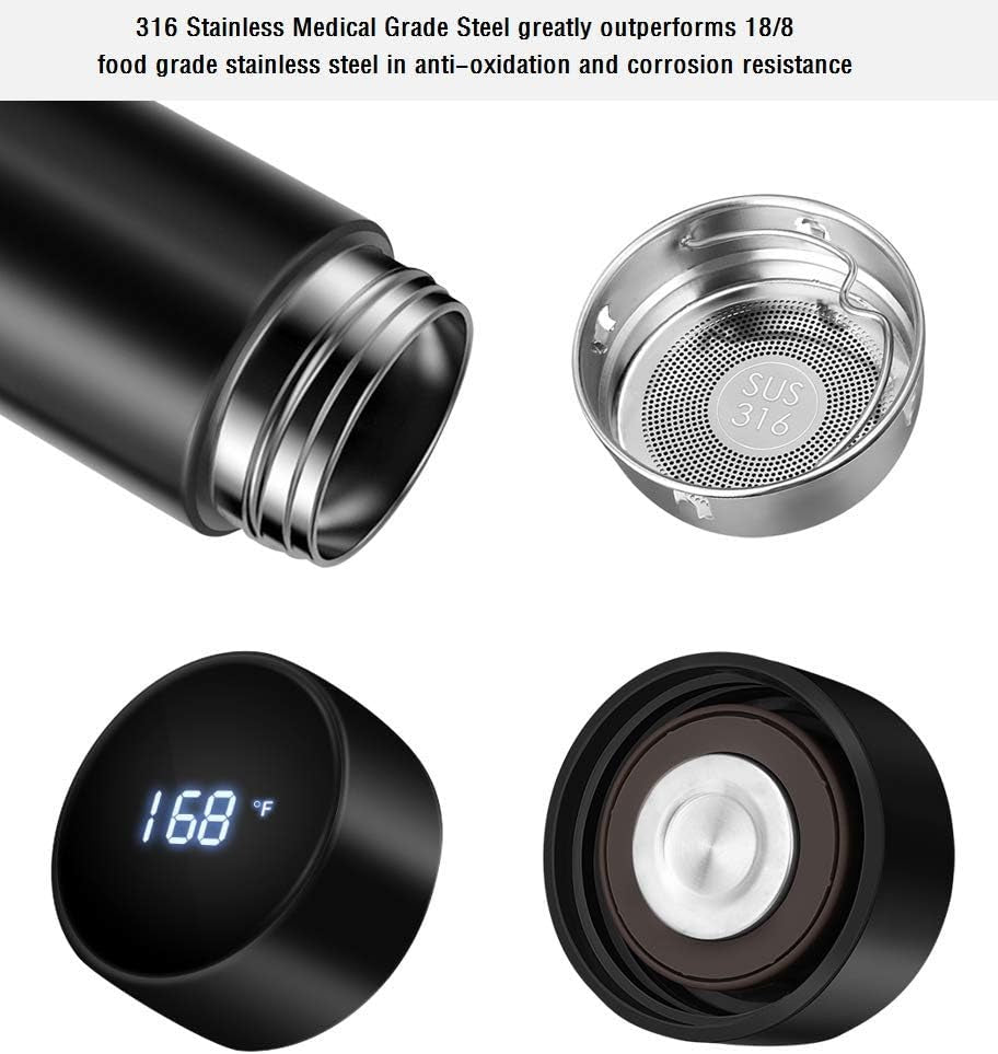 Smart Insulated Bottle with LED Temperature Display – Double Wall Vacuum Coffee & Tea Infuser, Sports Water Bottle, Keeps Drinks Hot or Cold for 24 Hours (Black)