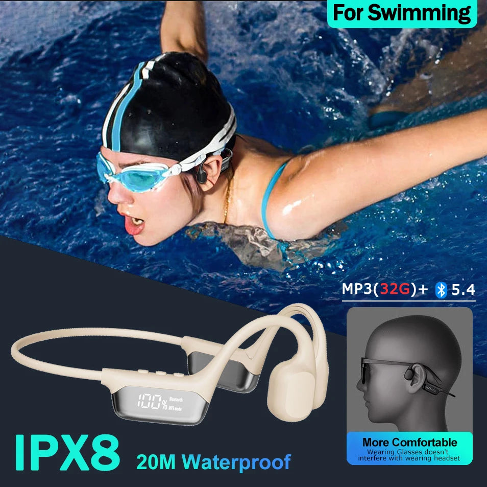 Bluetooth 5.4 Bone Conduction Headphones – Wireless IPX8 Waterproof Sports Earphones with 32GB MP3 Player, Perfect for Swimming & Outdoor Activities