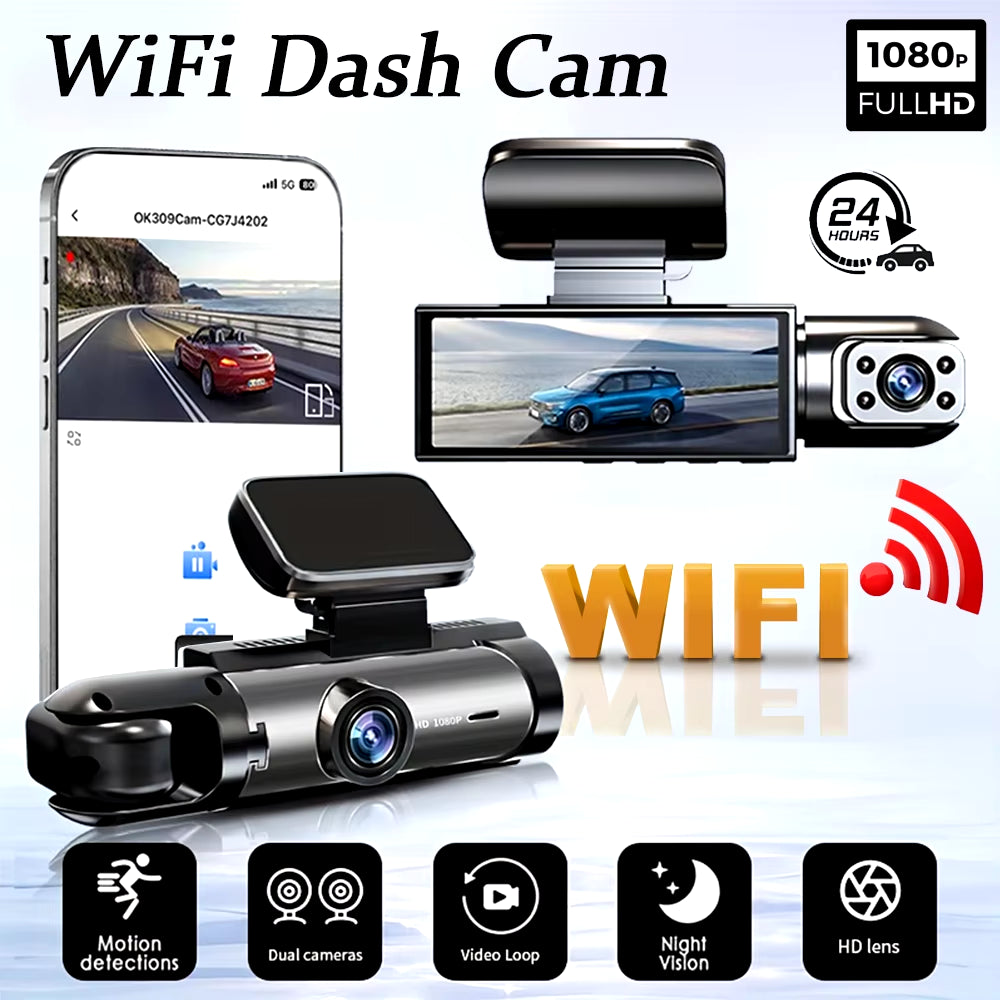 1080P Dual Lens WiFi Dash Cam – Front & Interior Cameras, IR Night Vision, Loop Recording, Wide-Angle Car DVR