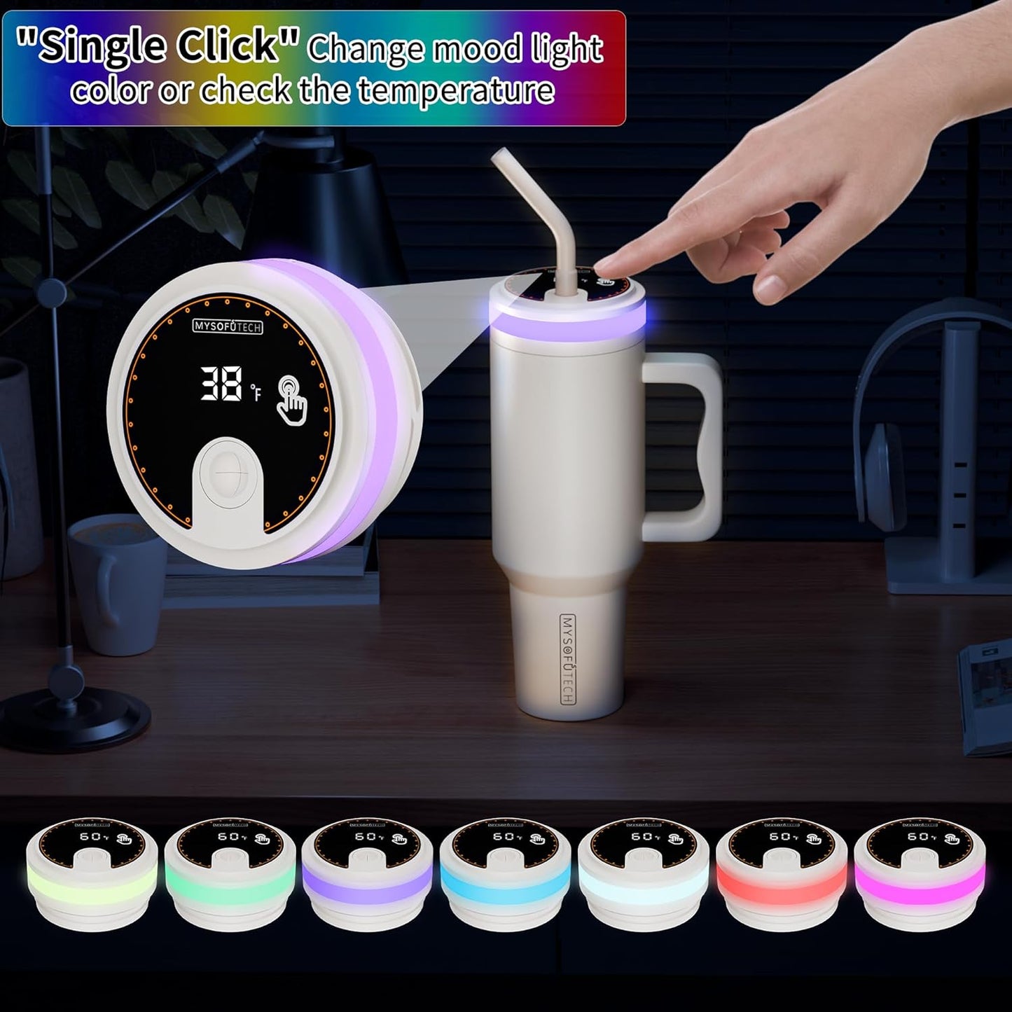 Smart Water Bottle with Hydration Reminder – Stainless Steel Tumbler with Handle, Straw, LED Mood Light & Temperature Display (Cream)