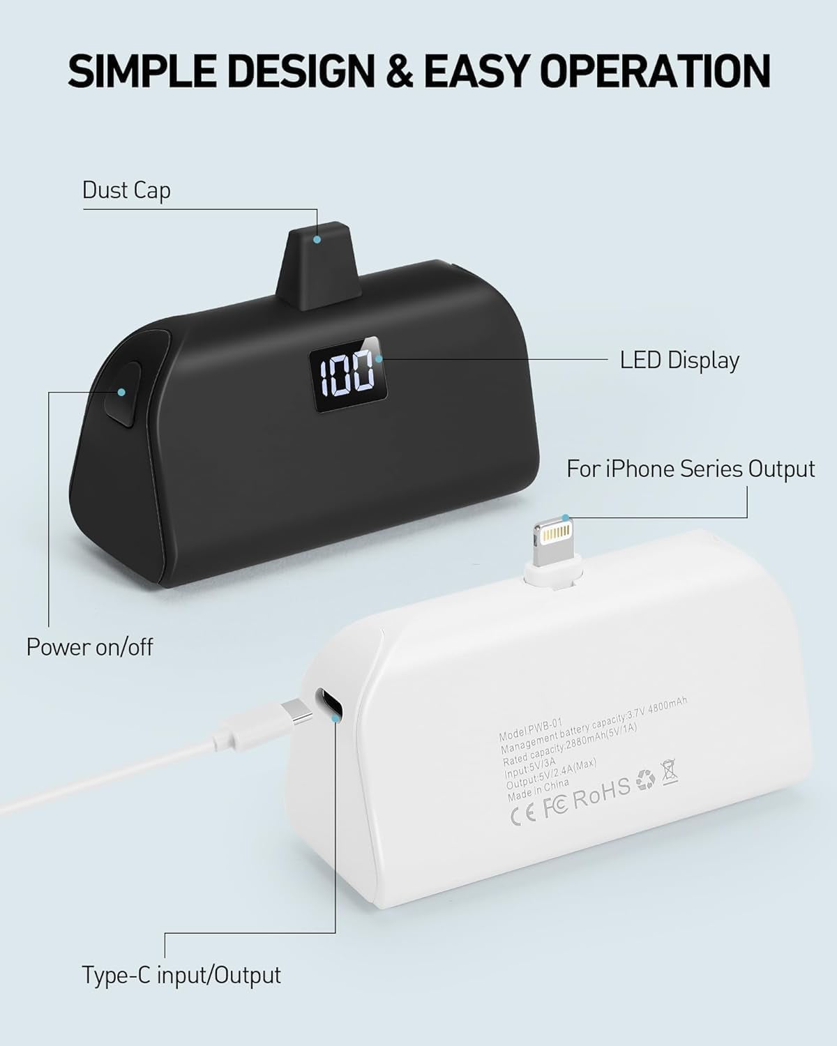 Mini Portable iPhone Charger with Built-in Lightning Cable – 4,800mAh Fast Charging Power Bank – Ultra-Compact Battery Pack for iPhone 14/13/12/11/XR/X/8/7/6 – Black