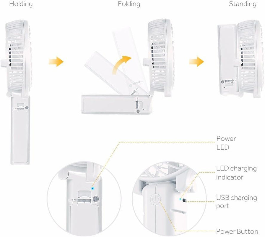 Handheld Fans with 2X Crossbody Straps & 2X DIY Stickers – Rechargeable Foldable Portable Hand & Desktop Fan – Up to 10H Runtime – White – Perfect for Home, Travel, and Phones