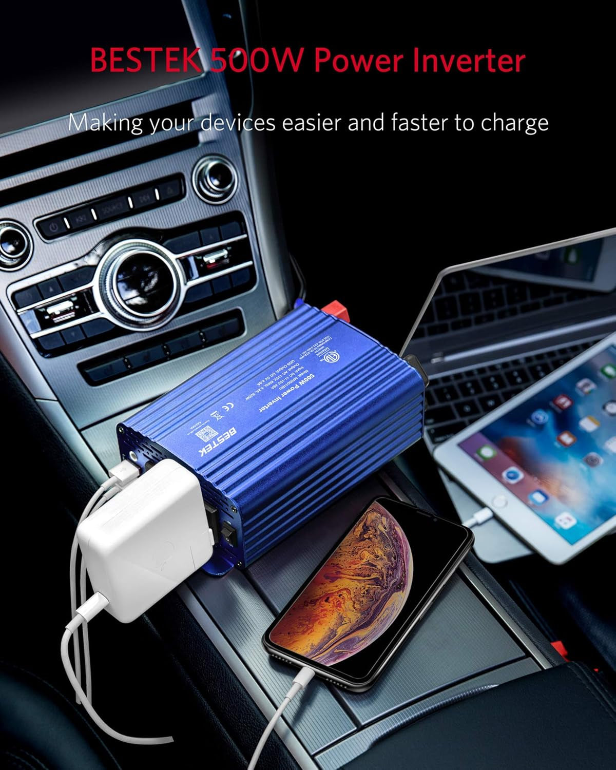 500W Power Inverter DC 12V to 110V AC Converter with Dual 4.8A USB Car Charger, ETL Listed – Blue