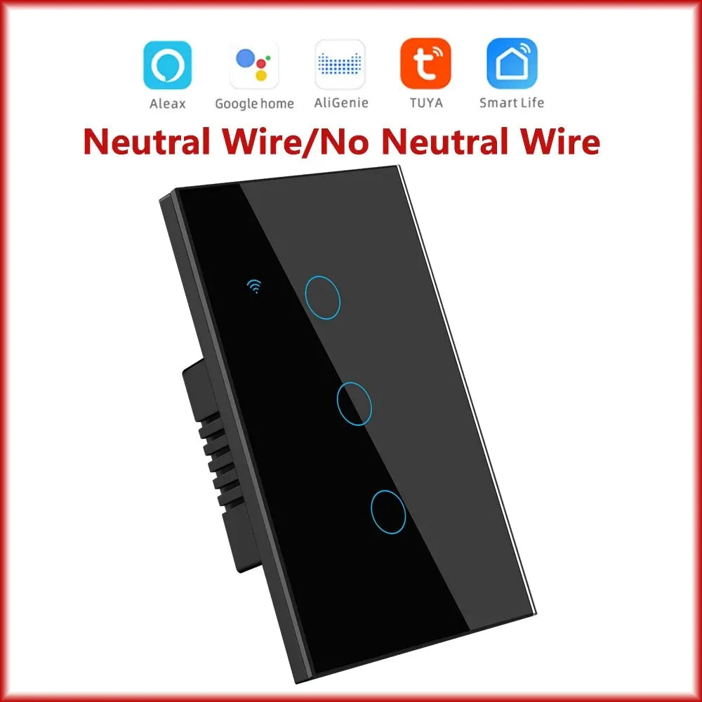 Tuya Smart WiFi Touch Light Switches – 1/2/3/4 Gang, US Neutral Wire & No Neutral Wire Models, Compatible with Alexa & Google Home