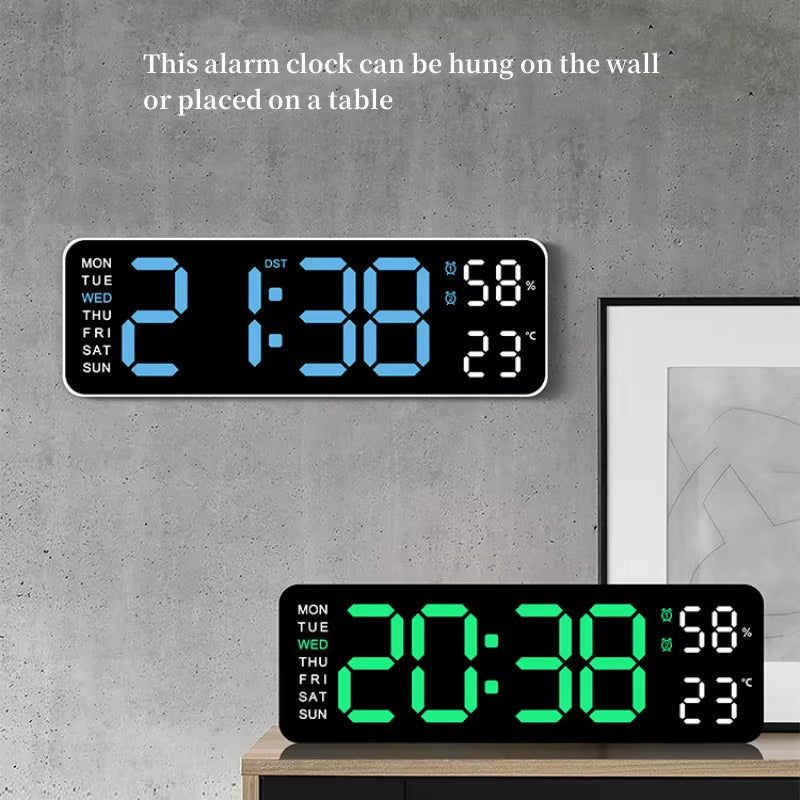 9-Inch Large LED Digital Wall Clock with Temperature, Humidity, Auto-Dimming, DST, USB Powered – Table or Wall Mount, 12/24H Alarm Clock with Week Display