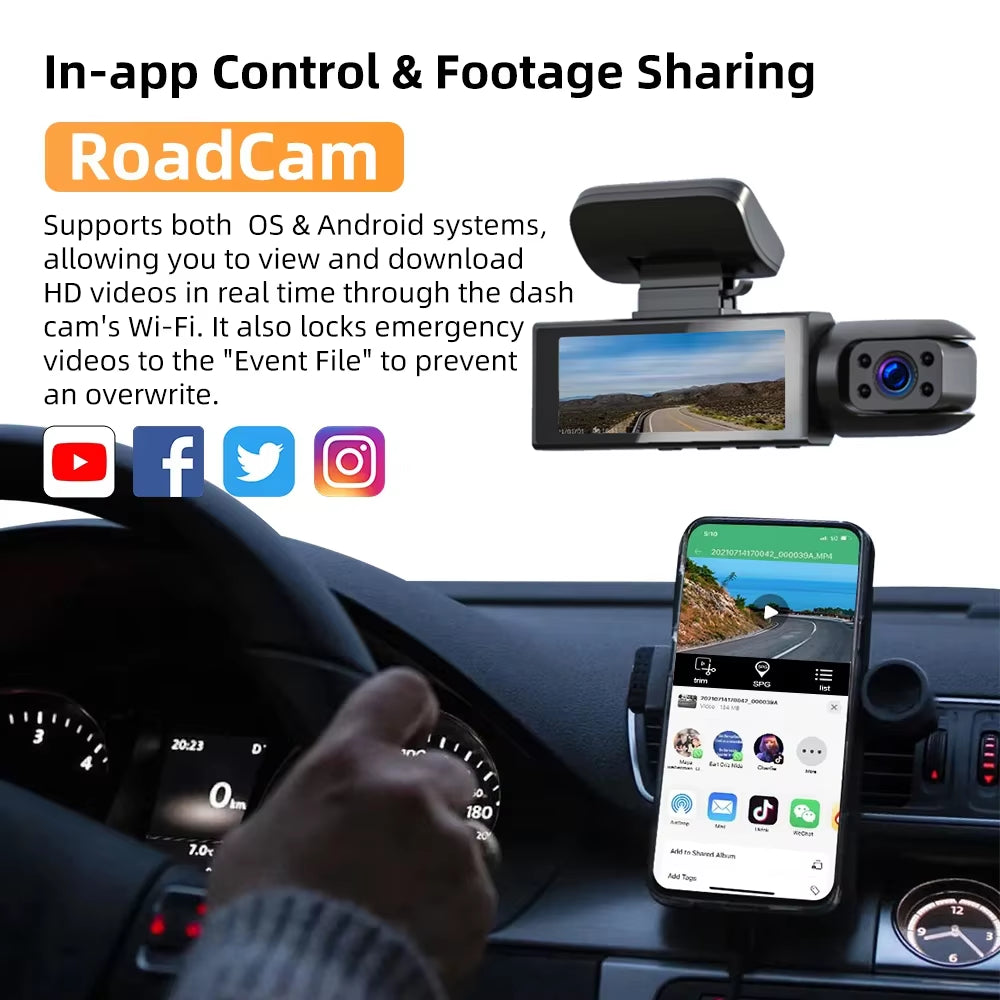 1080P Dual Lens WiFi Dash Cam – Front & Interior Cameras, IR Night Vision, Loop Recording, Wide-Angle Car DVR