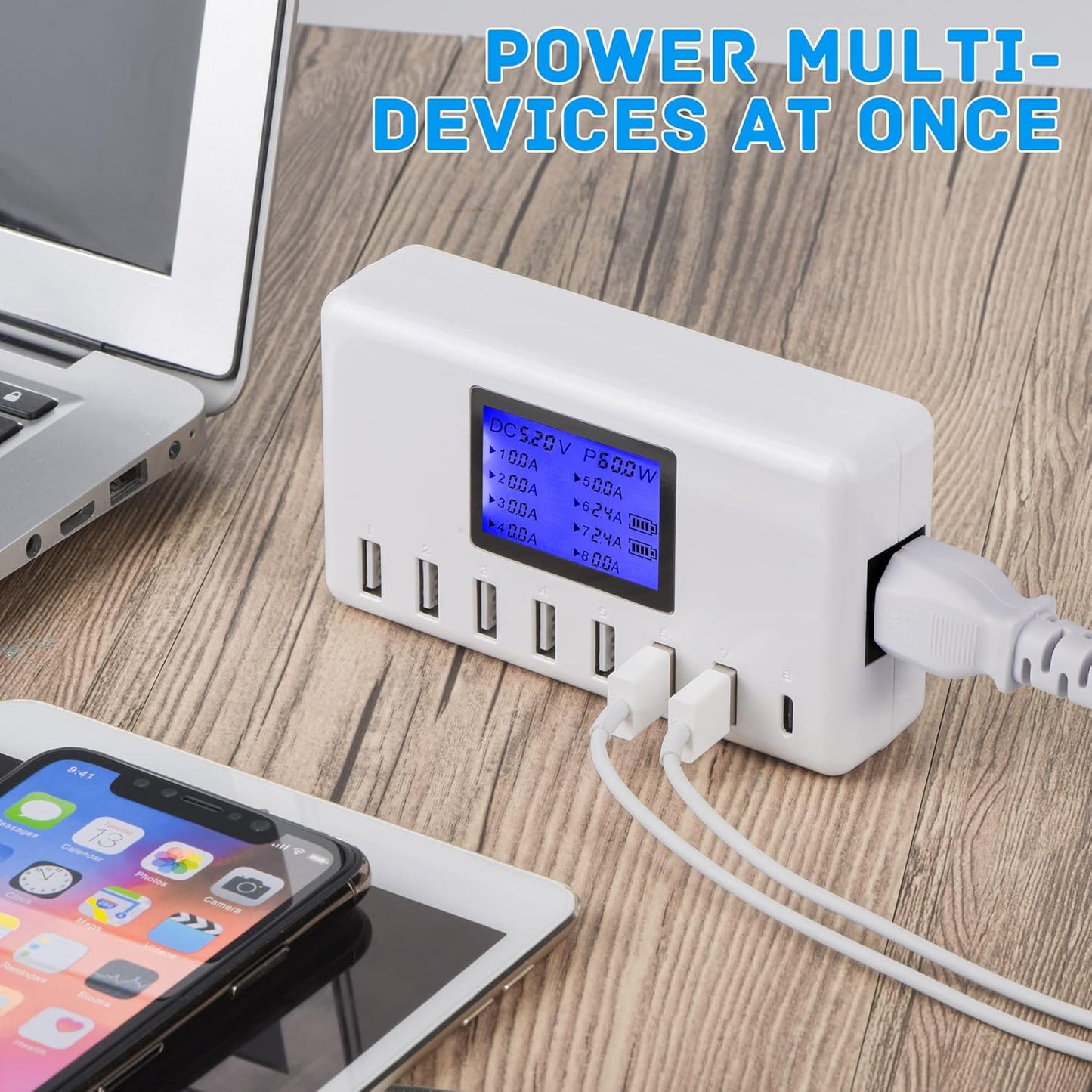 60W 12A 8-Port USB Charger Station with LCD Display – Compact Multi-Port USB Hub for iPhone, iPad, Samsung, Kindle, Tablets & Bluetooth Earbuds