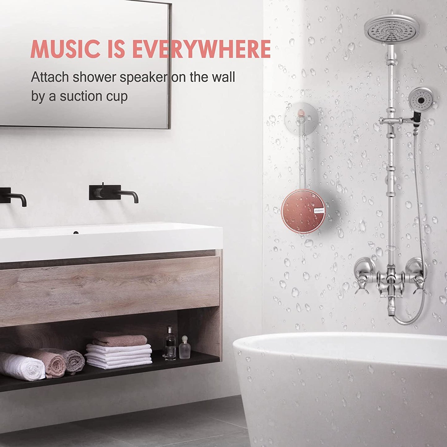 C12 IPX7 Waterproof Bluetooth Shower Speaker – Portable Wireless Speaker with Loud, Clear Sound, TF Card Support & Suction Cup – Perfect for Outdoor, Kayak, Beach (Cashmere Pink)