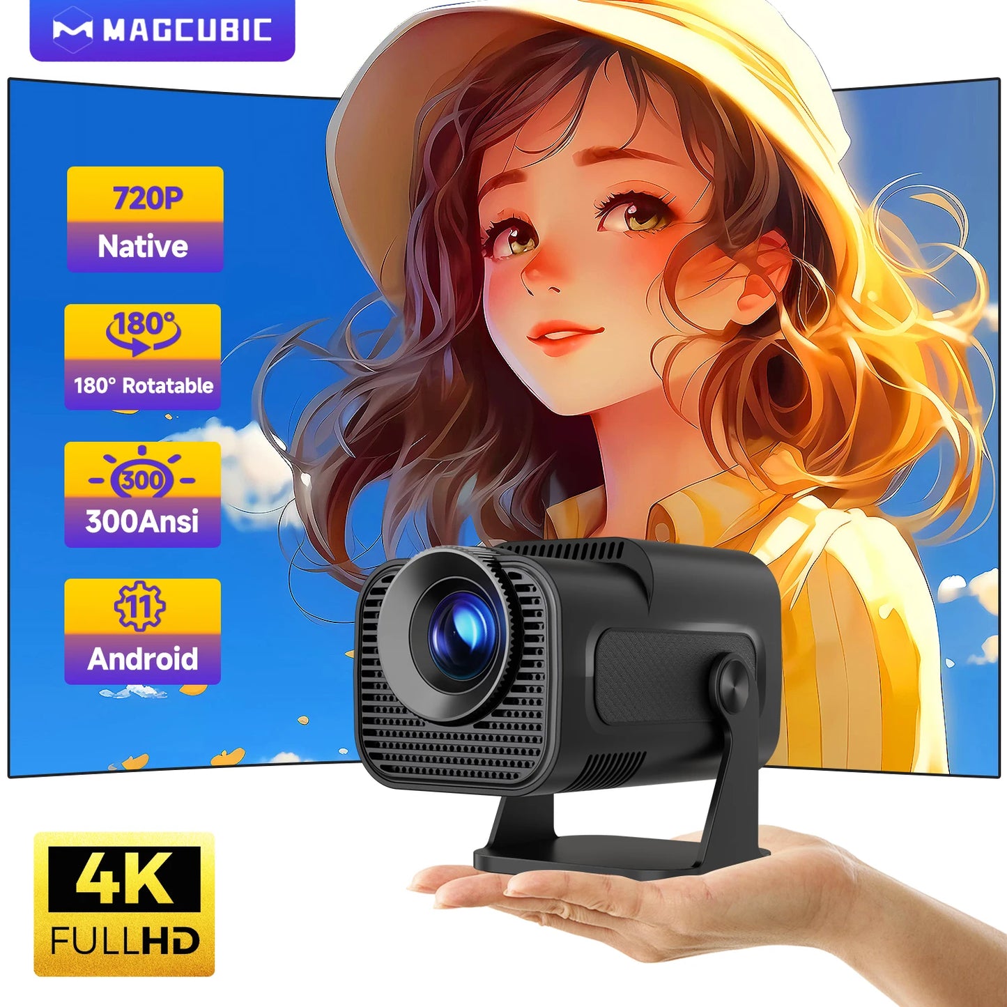 HY320 Mini 720P Android 11 Projector - 4K Cinema Experience with 300 ANSI Brightness, Wifi6, BT5.0, and 180° Rotatable Design for Outdoor Fun!