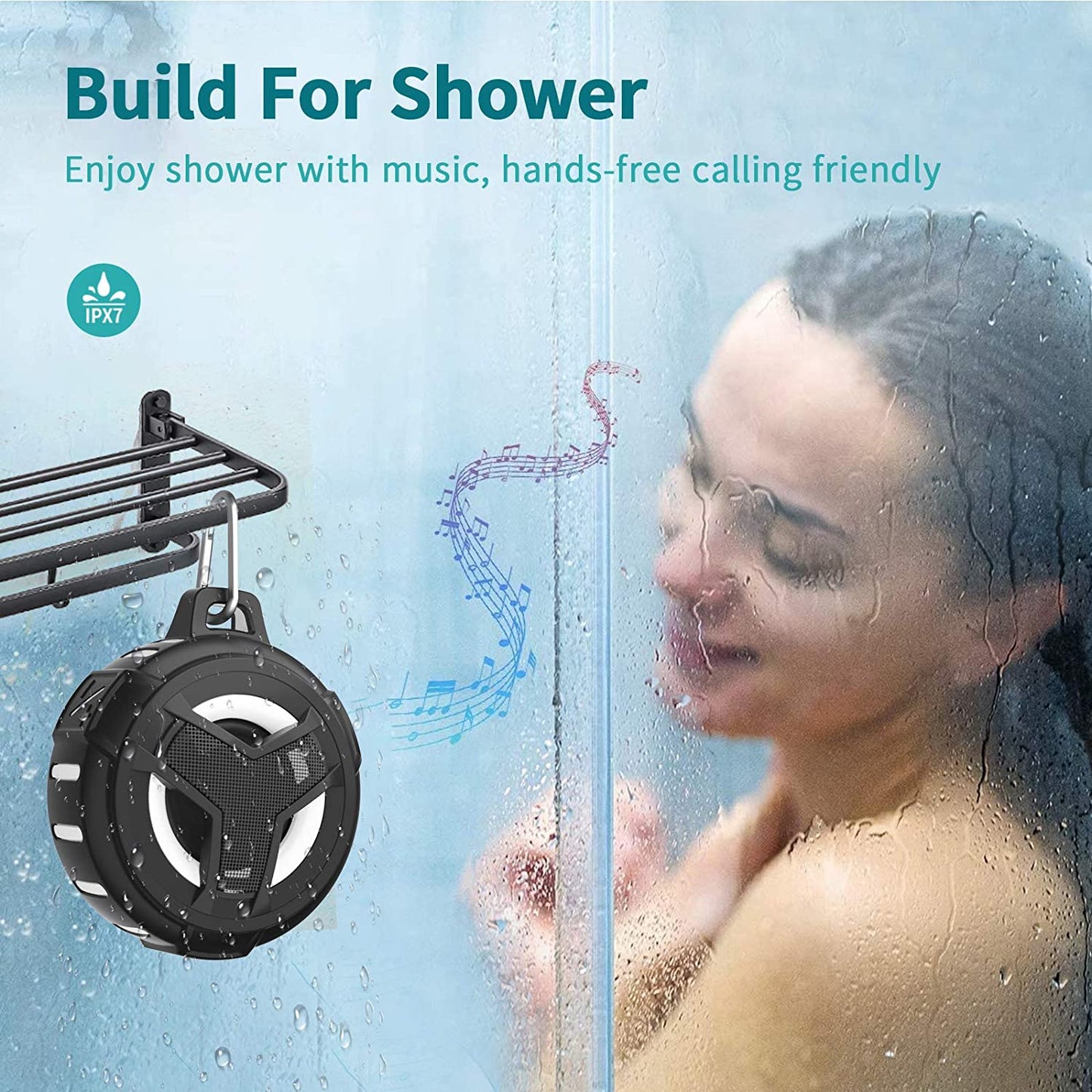 Bluetooth Shower Speaker – Portable IP67 Waterproof Wireless Speaker with LED Light & Floating Design, 2000mAh Battery, True Wireless Stereo for Kayak, Beach & Gifts (Unisex, Black)