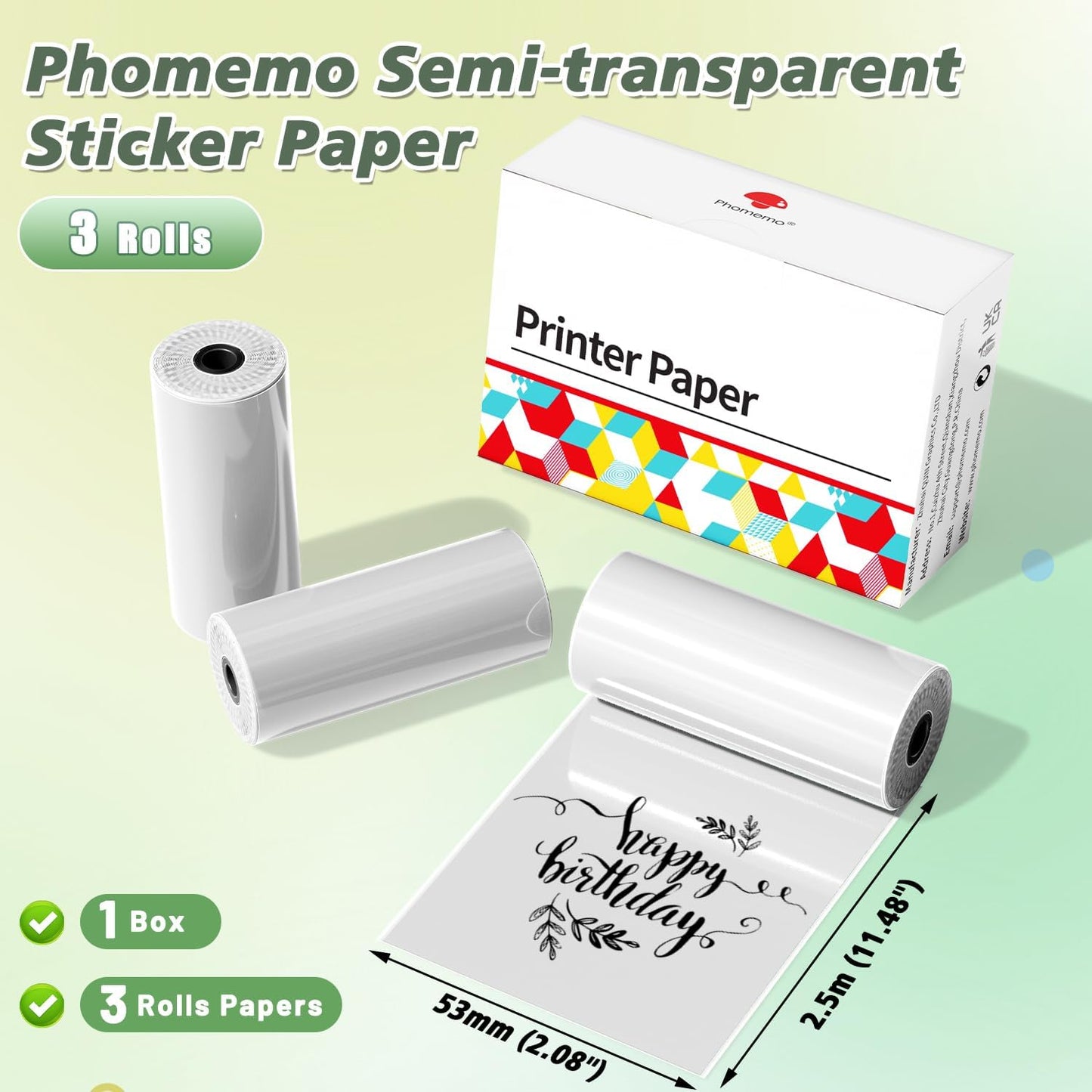 Semitransparent Glossy Thermal Sticker Paper, Self-Adhesive Labels for M02/M02 Pro/M02S/P2S/M03/M04S Mini Printer, 50mm x 3.5m, 28mm Core Diameter, 3 Rolls
