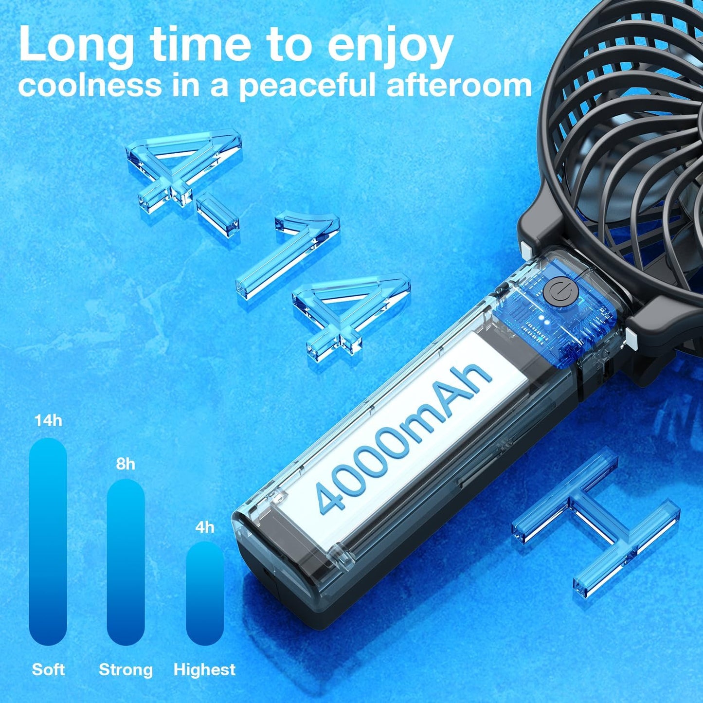 Portable Handheld Fan – Powerful & Durable with 4000mAh Battery, 180° Foldable Mini Table Fan, USB Rechargeable for Personal, Travel & Office Use (Black)