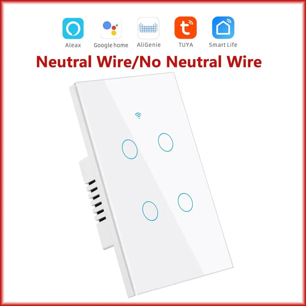 Tuya Smart WiFi Touch Light Switches – 1/2/3/4 Gang, US Neutral Wire & No Neutral Wire Models, Compatible with Alexa & Google Home