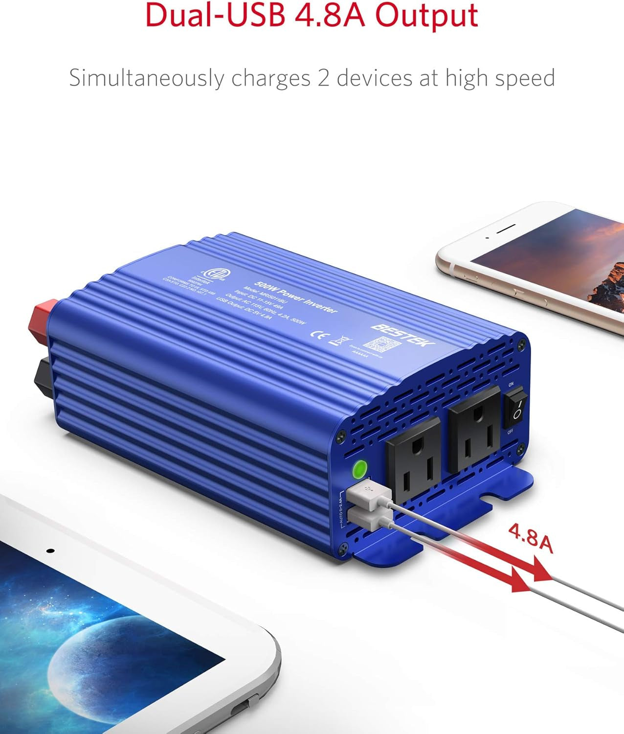 500W Power Inverter DC 12V to 110V AC Converter with Dual 4.8A USB Car Charger, ETL Listed – Blue