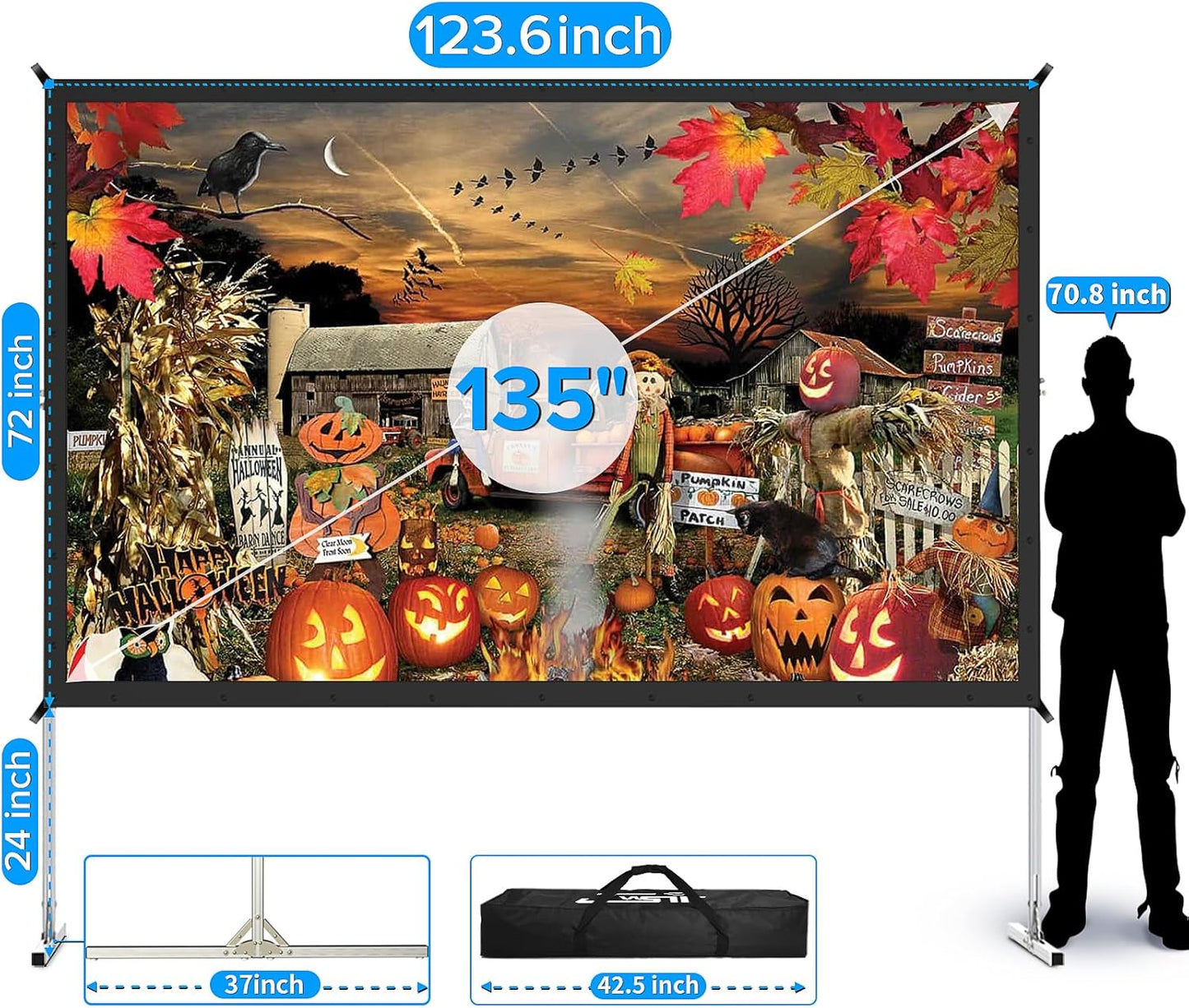 135-Inch Projector Screen with Stand – Upgraded 3-Layer PVC, 16:9 HD Outdoor Movie Screen with Carrying Bag | Portable for Backyard, Home Theater, Camping, and Events