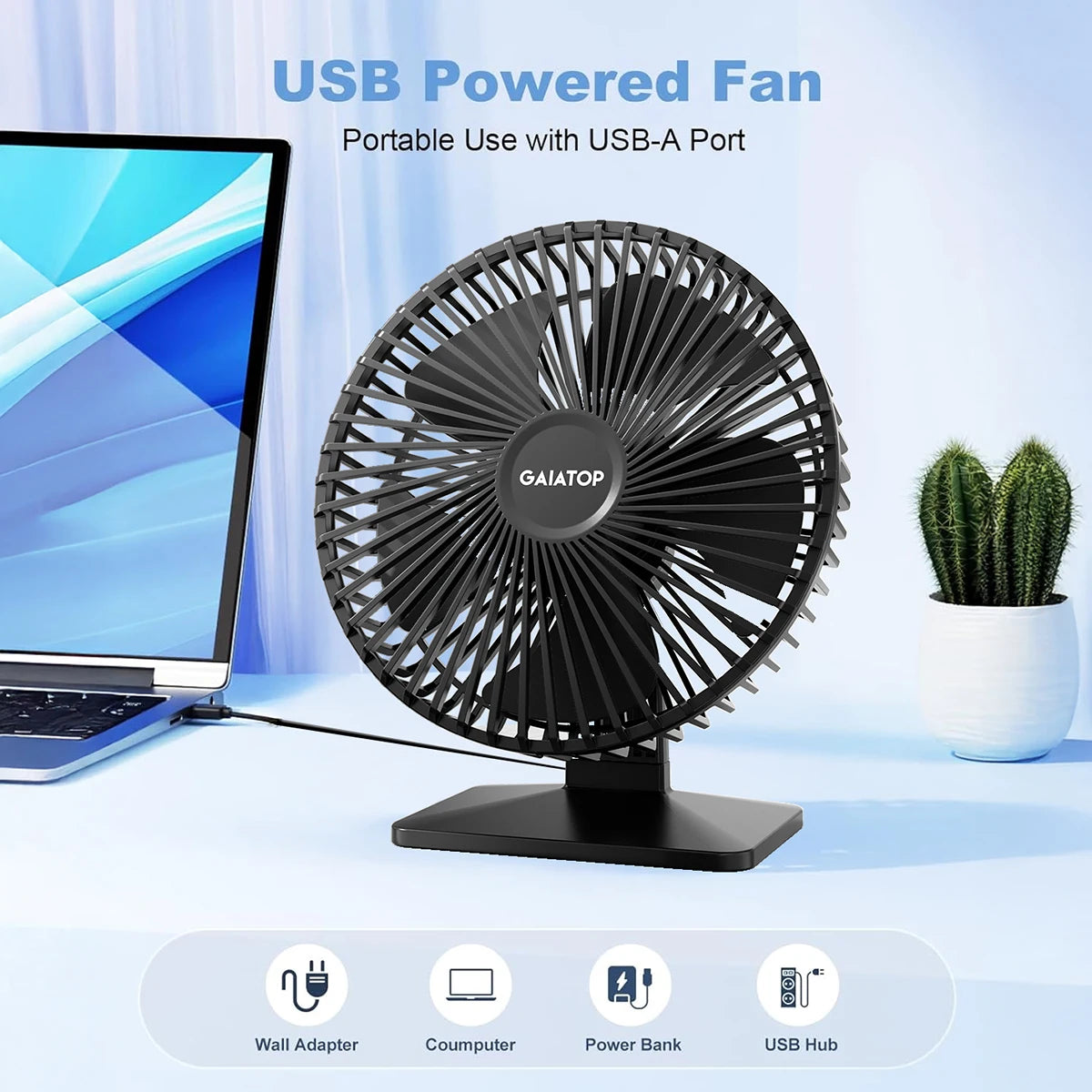 GAIATOP Portable Desk Fan – USB Powered, 90° Adjustable, Ultra-Quiet with 4-Speed Settings, Perfect for Home, Office & Desk Use