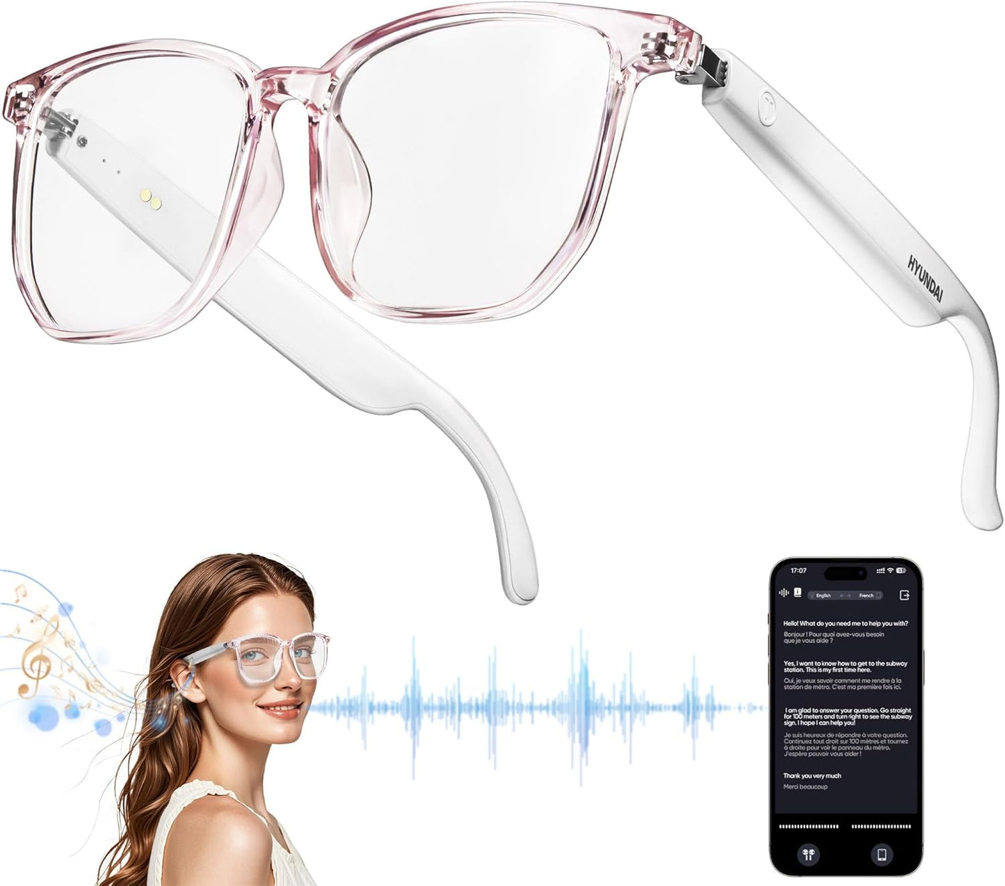 AI-Powered Smart Glasses with Bluetooth & 150+ Language Translation – Stylish Multifunction Glasses for Men & Women (White)