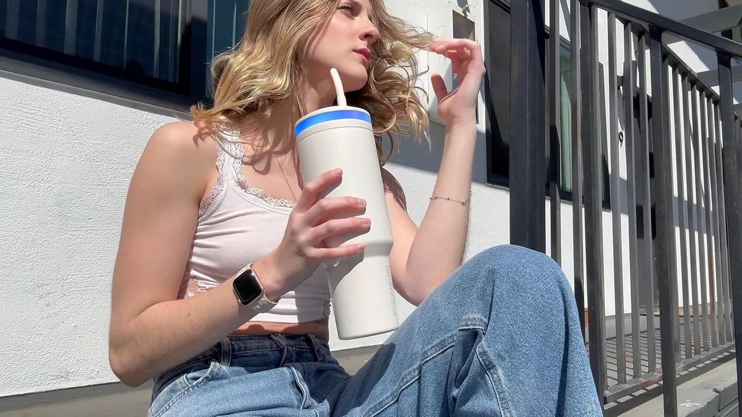 Smart Water Bottle with Hydration Reminder – Stainless Steel Tumbler with Handle, Straw, LED Mood Light & Temperature Display (Cream)