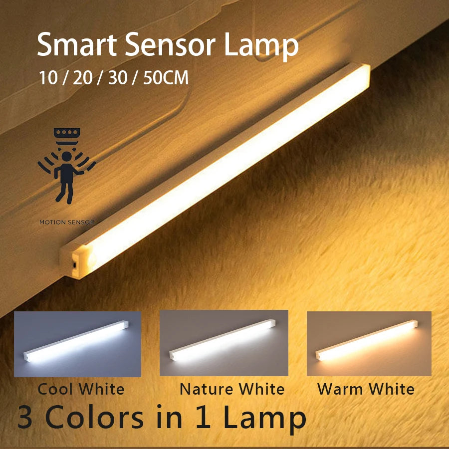 USB Rechargeable Wireless Motion Sensor LED Night Light – Long Strip Bar Lamp for Kitchen Cabinets, Wardrobes, Bedside, Staircases & More